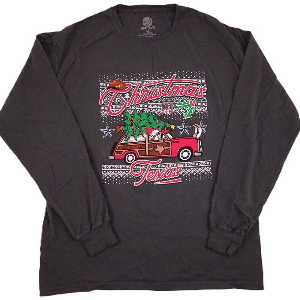 Bucees Christmas in Texas t-shirt Large Long Sleeve Gray Bringing Home Tree Noel